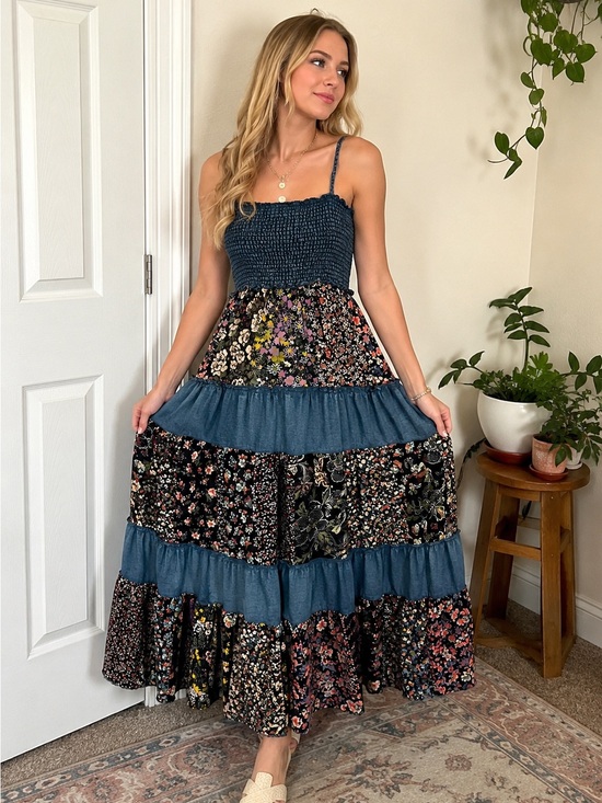 Young Threads Dresses & Skirts - Young Threads Smocked Tiered Midi Dress in Navy Floral